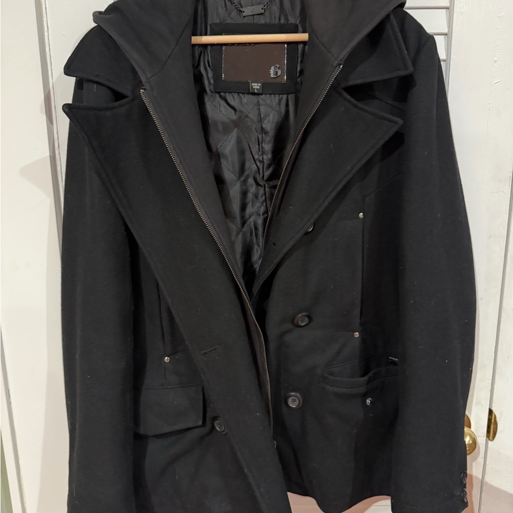 GUESS Men’s Black Heavy Wool Blend Peacoat Jacket – Size L – Double Breasted
